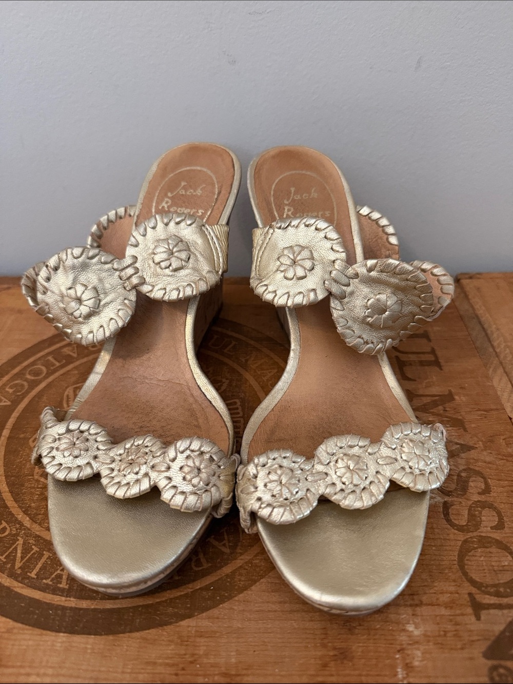 Jack Rogers Luccia Metallic Gold Leather Wedge Sandals